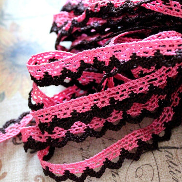 Pink and Brown Embroidery Crochet Cotton Border Trim, One Yard Lace Approx. 12mm Wide, Brown Lace And Pink Lace